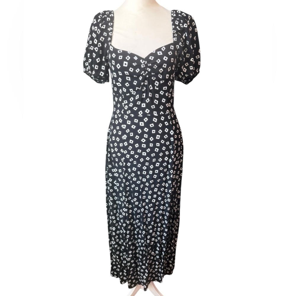 &‎ Other Stories Flowy Puff Sleeve Black White Midi Dress with Slit Size 6